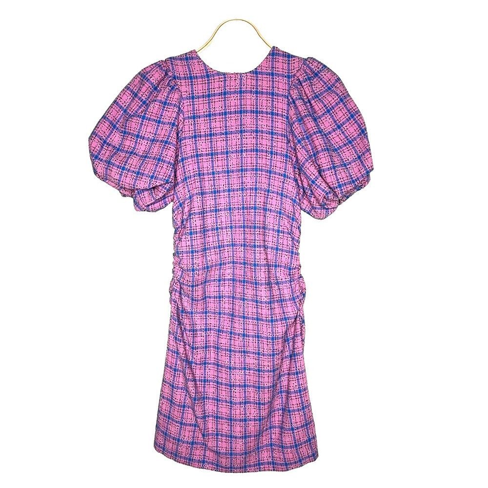 Ganni Wild Orchid Pink & Blue Plaid Puff Sleeve Mini‎ Women's Dress UK 36/US 6